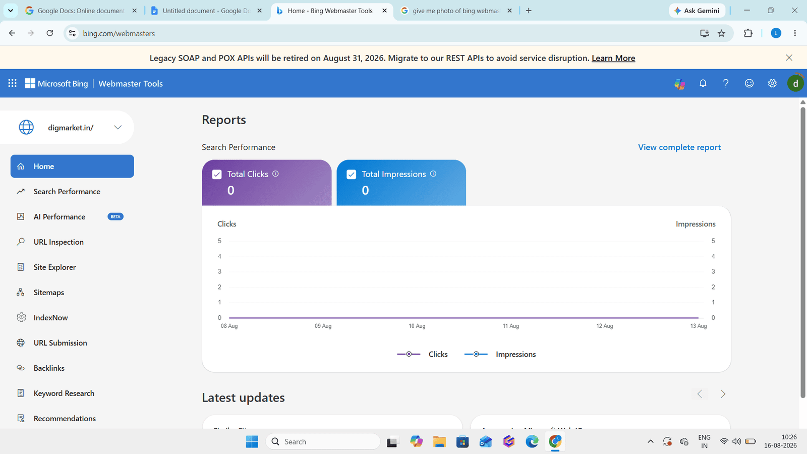 Bing Webmaster Tools showing the Reports dashboard of home section