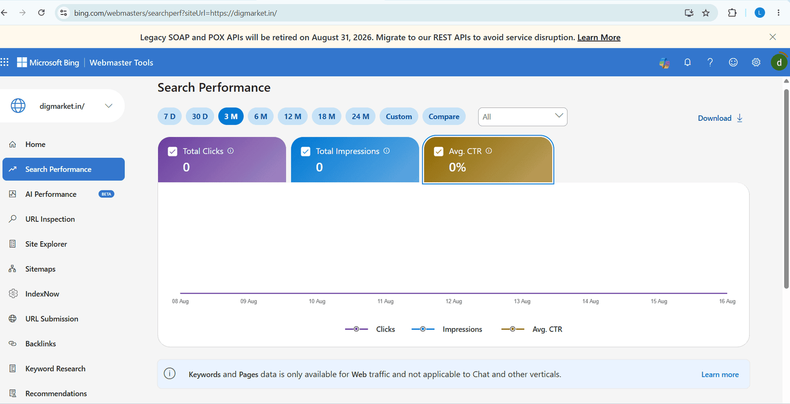 Bing Webmaster Tools showing the Reports dashboard of search performance
