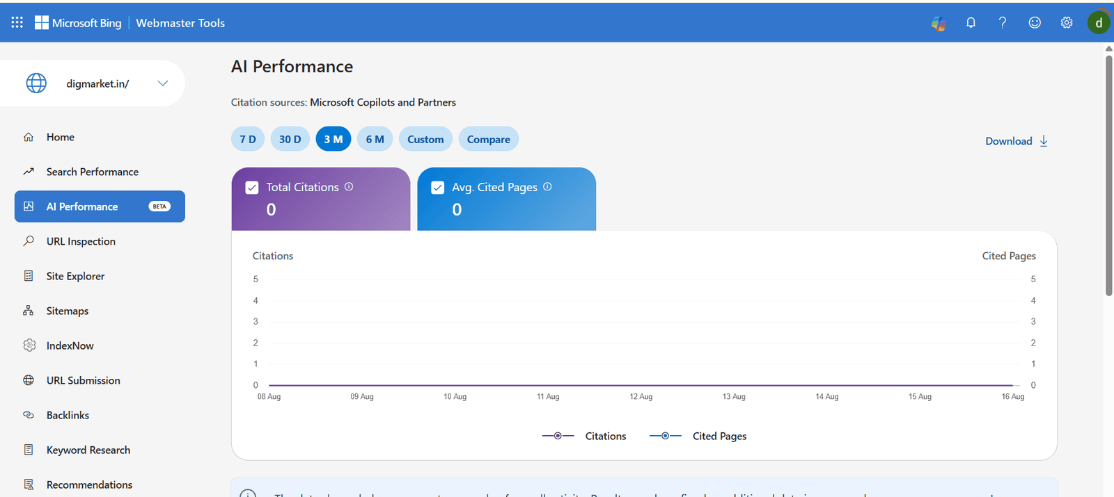 Bing Webmaster Tools showing the Reports dashboard of AI performance