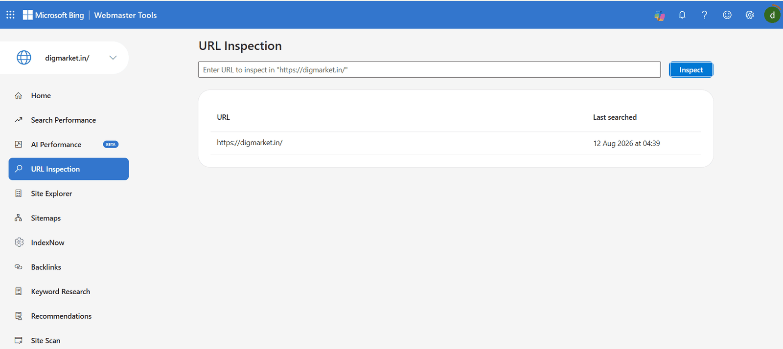 Bing Webmaster Tools showing the Reports dashboard of URL Inspection