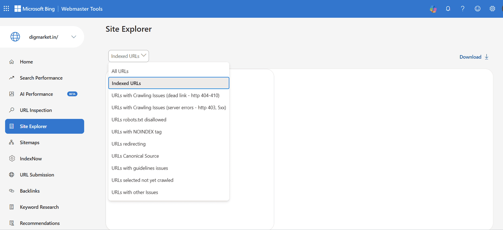 Bing Webmaster Tools showing the Reports dashboard of Site Explorer