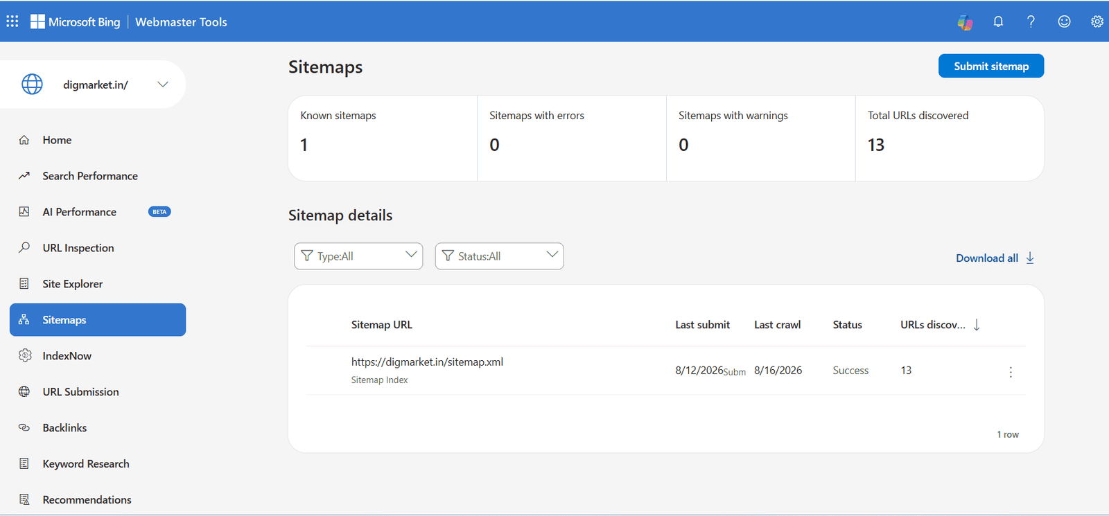 Bing Webmaster Tools showing the Reports dashboard of sitemaps