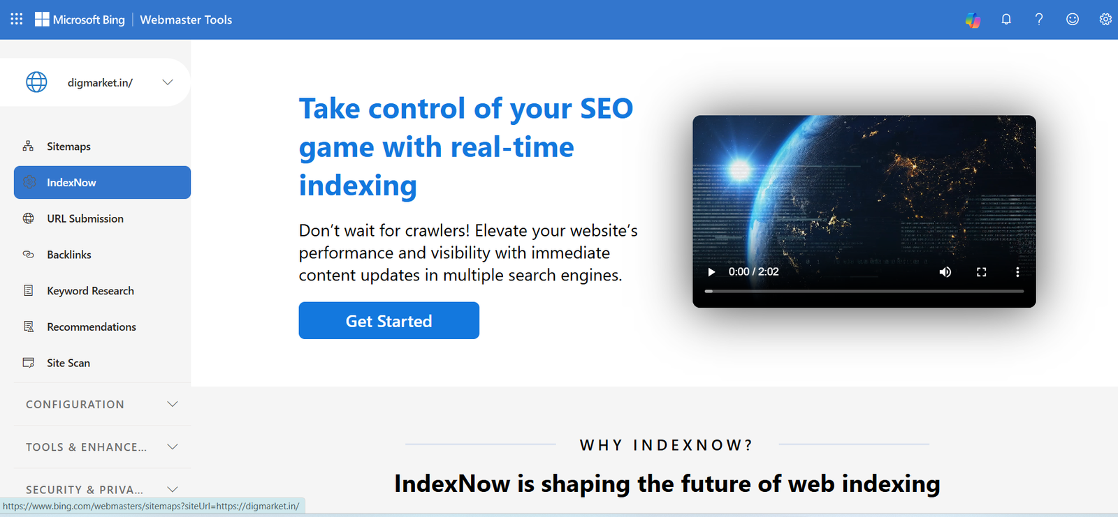 Bing Webmaster Tools showing the Reports dashboard of indexnow