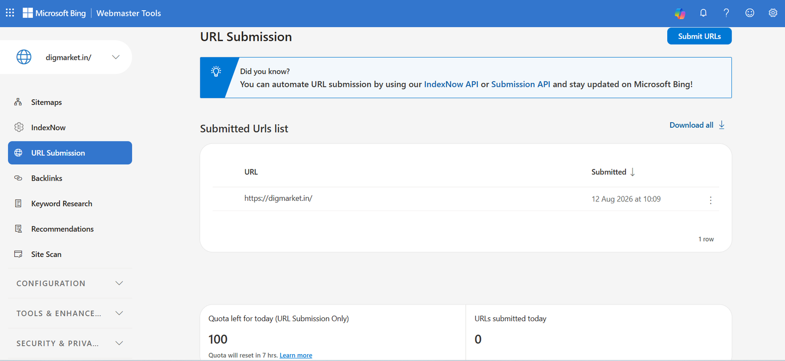 Bing Webmaster Tools showing the Reports dashboard of URL Submission