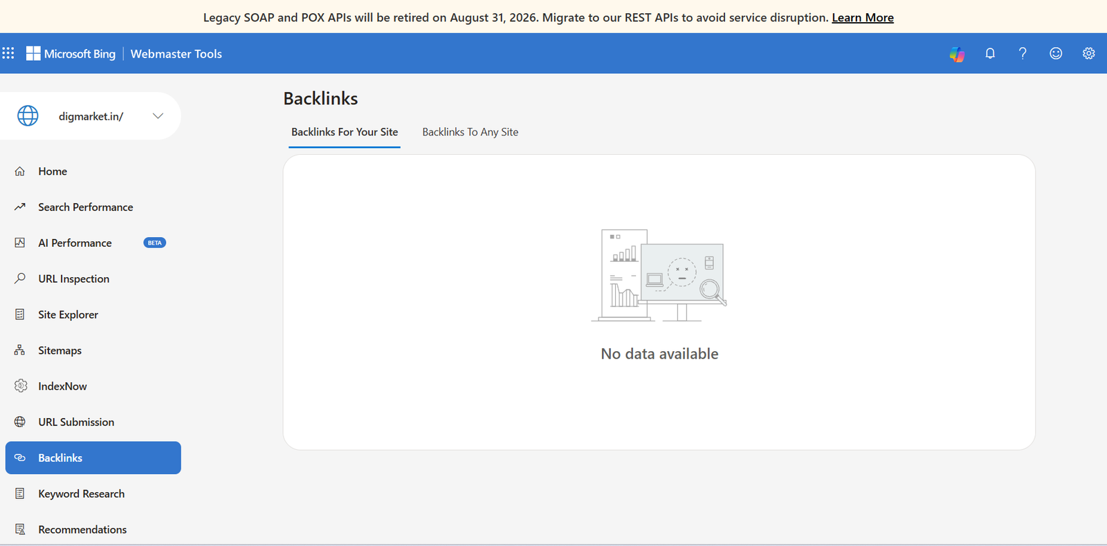 Bing Webmaster Tools showing the Reports dashboard of Backlinks