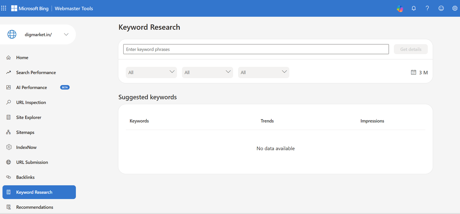 Bing Webmaster Tools showing the Reports dashboard of Keyword Research