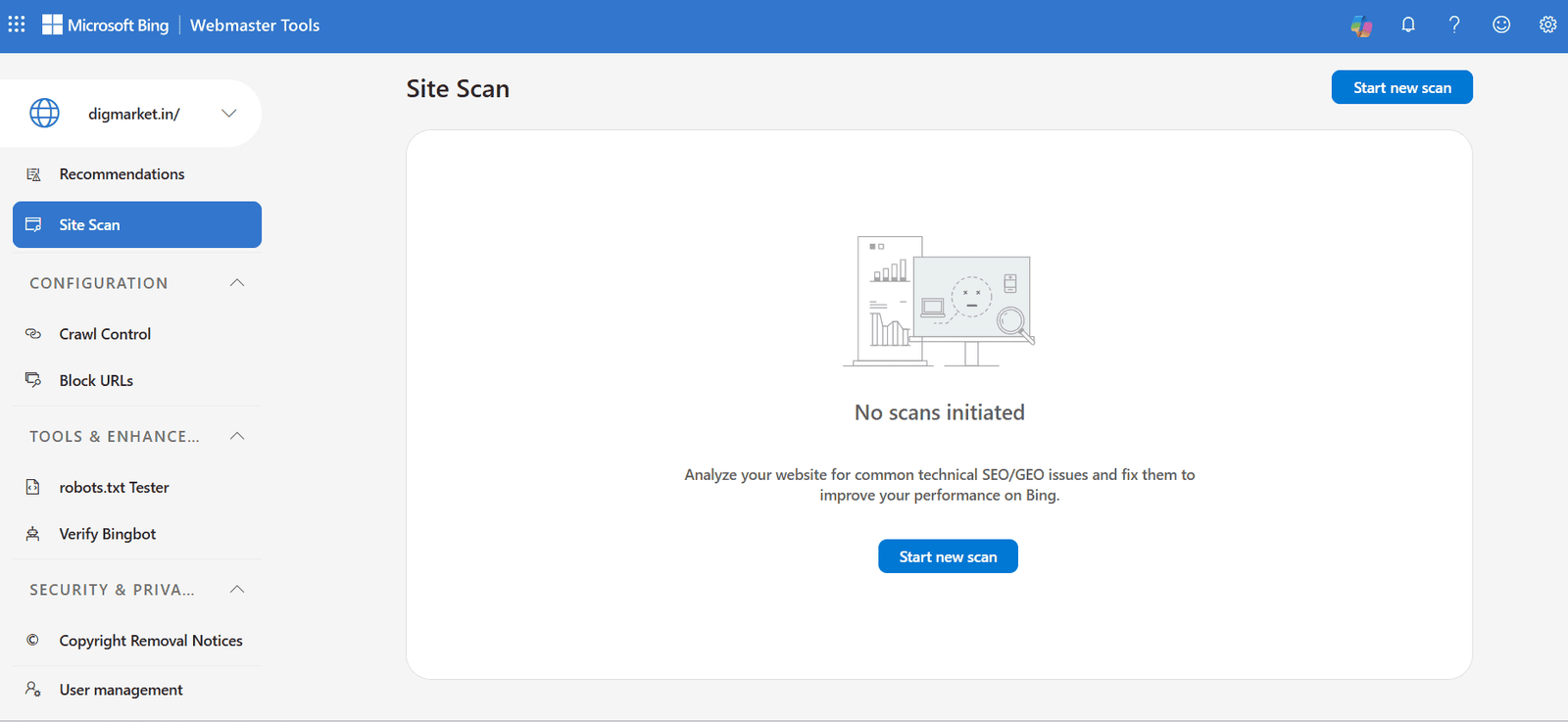 Bing Webmaster Tools showing the Reports dashboard for site scan