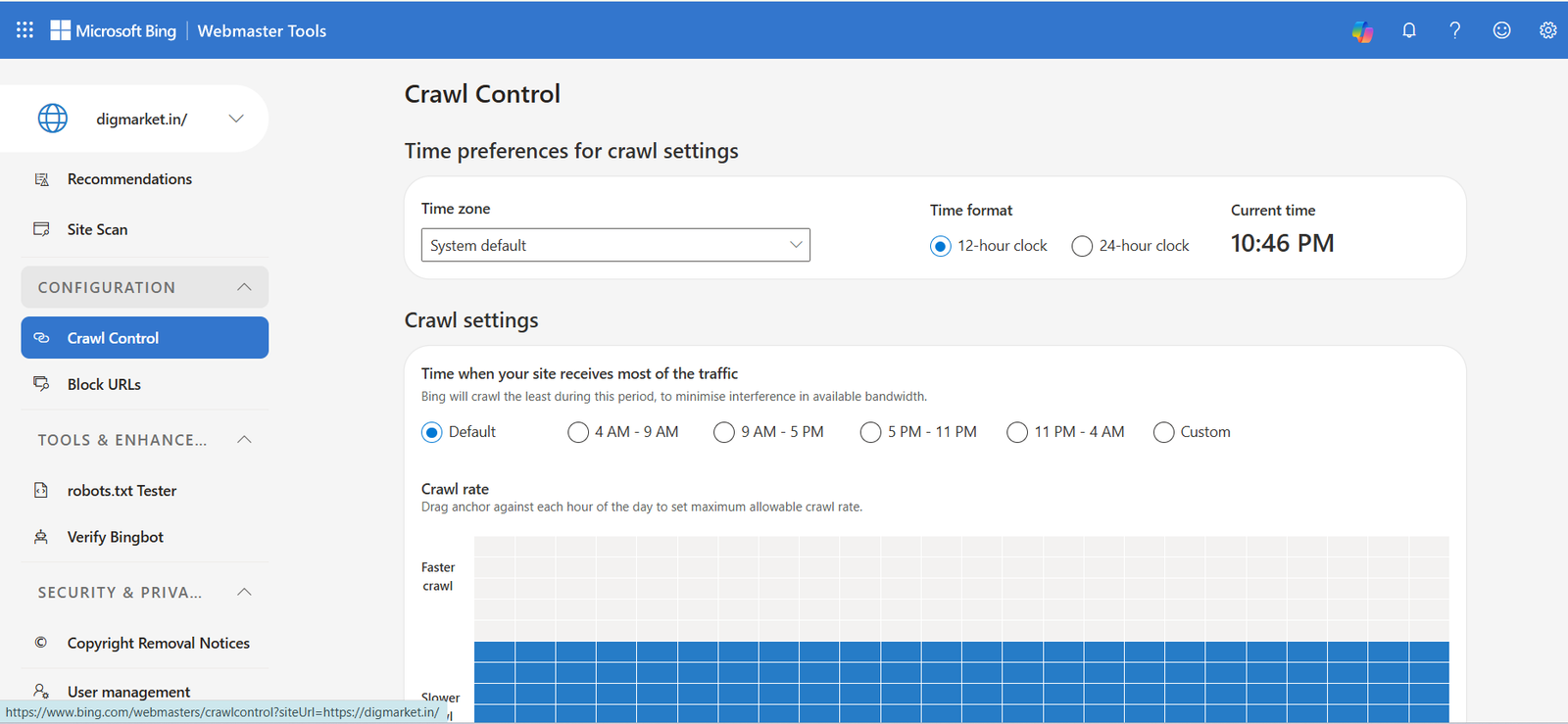 Bing Webmaster Tools showing the Reports dashboard for Crawl Control