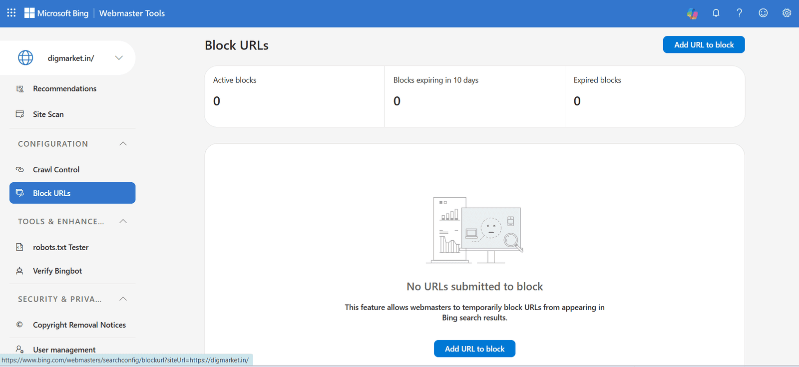 Bing Webmaster Tools showing the Reports dashboard for Block URL