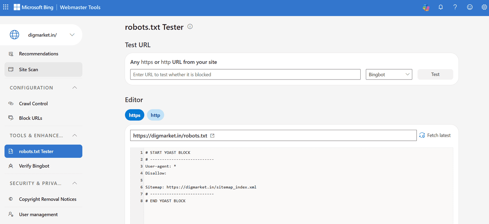 Bing Webmaster Tools showing the Reports dashboard for robots.txt Tester