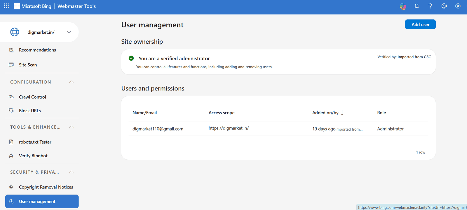 Bing Webmaster Tools showing the Reports dashboard for User Management