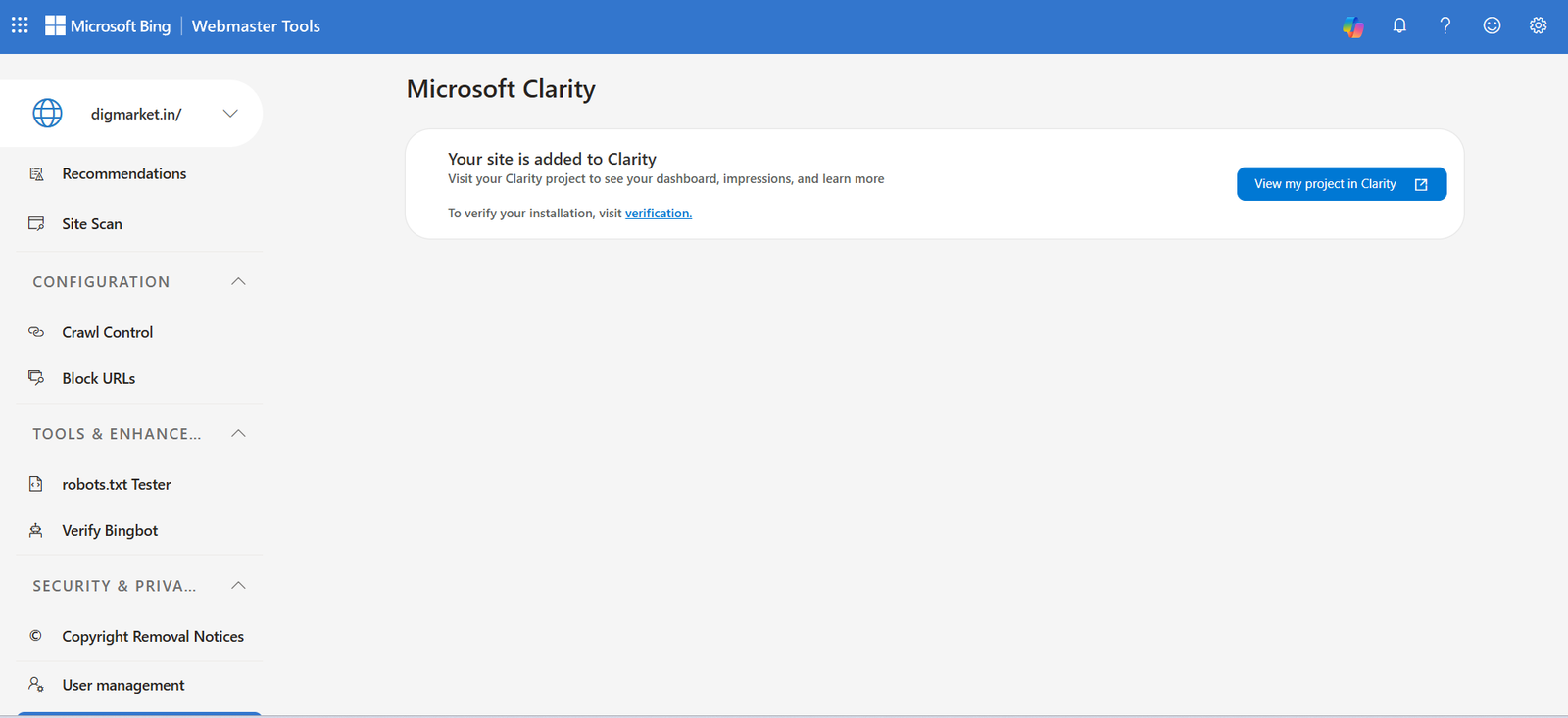 Bing Webmaster Tools showing the Reports dashboard for Microsoft Clarity